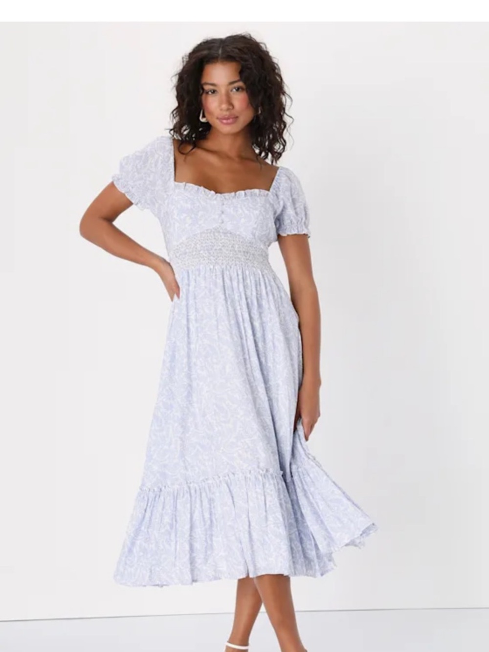 Lulus Dreamy Darling Blue and White Floral Puff Sleeve Midi Dress